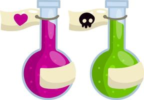 Flask of green poison. Liquid bottle. Medical preparation. Glass object. Drop of toxin. Cartoon flat illustration. Alchemical item vector