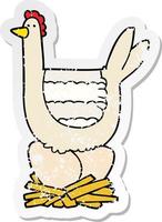 distressed sticker of a cartoon chicken sitting on eggs in nest vector