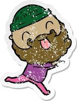 distressed sticker of a running man with beard sticking out tongue vector