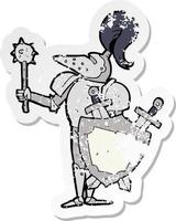 pegatina retro angustiada de un caballero medieval de dibujos animados con escudo vector
