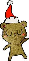 peaceful textured cartoon of a bear wearing santa hat vector