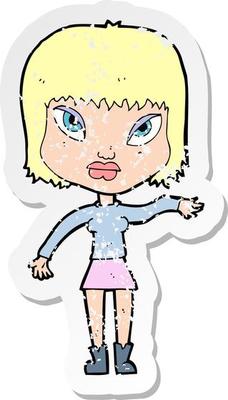 retro distressed sticker of a cartoon woman making gesture