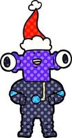 friendly comic book style illustration of a alien wearing santa hat vector