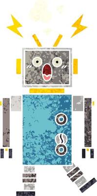 retro illustration style cartoon malfunctioning robot