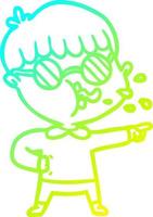 cold gradient line drawing cartoon boy wearing spectacles and pointing vector