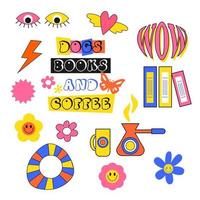 Retro stickers set. Y2k trendy hipster vector design. Fun groovy retro clipart elements.