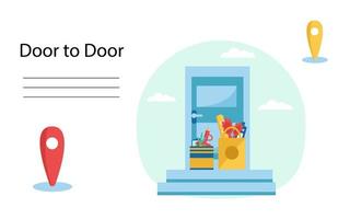 Online order. Groceries in bag at front door. Safe contactless delivery to home. Vector illustration