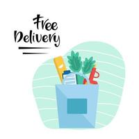 Concept for food Delivery service. Vector illustration of shopping bag with groceries products. Free Delivery lettering.