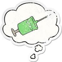 cartoon syringe needle and thought bubble as a distressed worn sticker vector