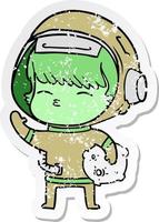 distressed sticker of a cartoon curious astronaut carrying space rock vector