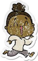 distressed sticker of a cartoon happy old lady vector