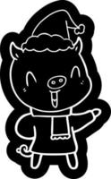 happy cartoon icon of a pig in winter clothes wearing santa hat vector
