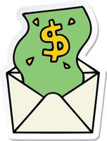 sticker of a quirky hand drawn cartoon dollar in envelope vector