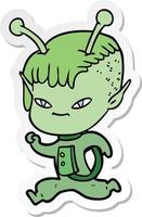 sticker of a cute cartoon alien girl vector
