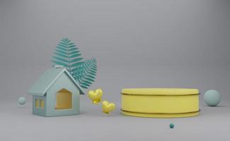 Podium empty and house with yellow heart shapes in gray composition for modern stage display and minimalist mockup ,valentine's day background ,Concept 3d illustration or 3d render photo