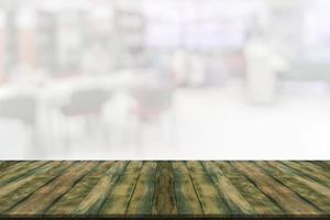 Empty wooden board space platform with library blur background photo