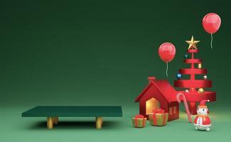 table empty and snowman with Christmas tree and geometric in green composition for website or poster or Happiness cards,Christmas banner and festive New Year, realistic 3d illustration or 3d render photo