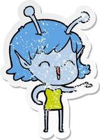 distressed sticker of a cartoon alien girl laughing vector