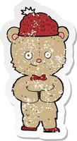 retro distressed sticker of a cartoon bear in hat vector