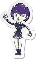 retro distressed sticker of a cartoon vampire girl vector