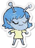 distressed sticker of a smiling alien girl cartoon vector