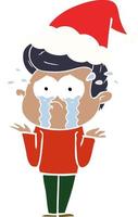 flat color illustration of a crying man wearing santa hat vector