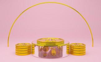 moneda de dólar de podio de oro con formas geométricas en composición rosa pastel para exhibición de escenario moderno y maqueta minimalista, fondo de escaparate abstracto, ilustración conceptual 3d o representación 3d foto