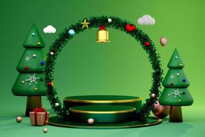 Podium empty with Christmas tree and wreath in green composition for website or poster or Happiness cards,Christmas banner and festive New Year, realistic 3d illustration or 3d render photo