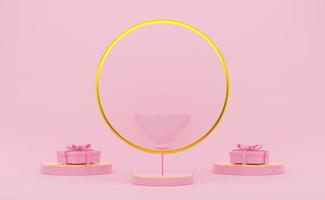 podium empty with geometric shapes in pink pastel composition for modern stage display and minimalist mockup ,abstract showcase background ,Concept 3d illustration or 3d render photo