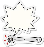 cartoon spanner turning nut and speech bubble sticker vector