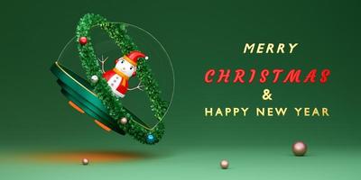 snow globe with snowman and wreath in green composition for website or poster or Happiness cards,Christmas banner and festive New Year, realistic 3d illustration or 3d render photo