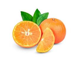Orange fruit sliced with leaves isolated on white background photo