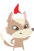 friendly flat color illustration of a wolf wearing santa hat vector