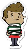 sticker of a happy cartoon man with stack of new books vector