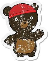 retro distressed sticker of a cartoon black bear wearing hat vector