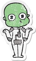 distressed sticker of a confused weird bald spaceman vector