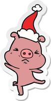 sticker cartoon of a furious pig wearing santa hat vector