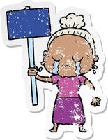 distressed sticker of a cartoon old woman crying while protesting vector