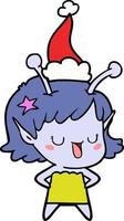 happy alien girl line drawing of a wearing santa hat vector