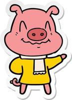 sticker of a nervous cartoon pig wearing scarf vector
