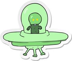 sticker of a cartoon alien in flying saucer vector