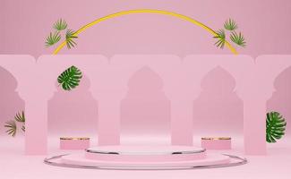 podium empty with geometric shapes in pink pastel composition for modern stage display and minimalist mockup ,abstract showcase background ,Concept 3d illustration or 3d render photo