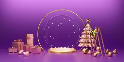 Podium with snow globe and tree and ornaments in purple or violet composition for modern stage display and minimalist mockup ,Concept Christmas and a festive New Year, 3d illustration or 3d render photo