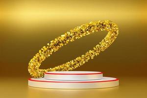 Podium empty with golden tinsel  in Gold composition for modern stage display and minimalist mockup ,Concept Christmas and a festive New Year, 3d illustration or 3d render photo