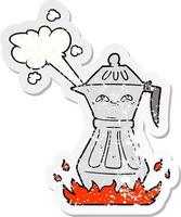 distressed sticker of a cartoon coffee pot vector