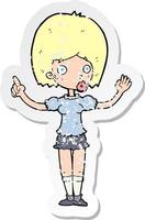 retro distressed sticker of a cartoon woman explaining her point vector