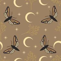 Seamless pattern with butterflies, plants, moon, stars. Boho mystical celestial clipart. Vector Illustration.