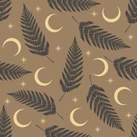 Seamless pattern with fern leaves, moon and stars. Boho mystical celestial clipart. Vector Illustration.