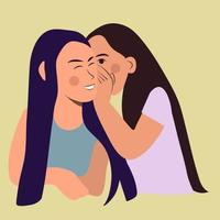 The girl is whispering gossip or secrets in friend's ear. The second girl is smiling. Cartoon vector illustration