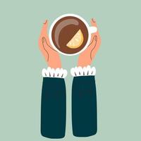 Two hands are holding hot cup of tea with lemon. Cartoon vector illustration